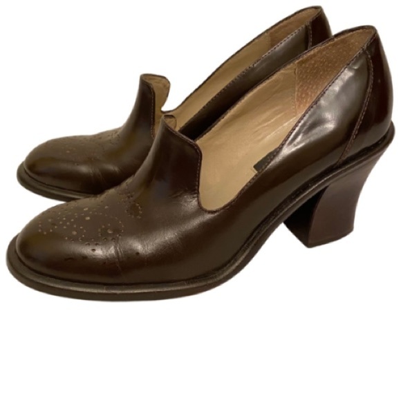 KENNETH COLE Leather Brazil Chunky Block Heel Pumps Shoes Brown Academia Sz  6.5 - Picture 1 of 12